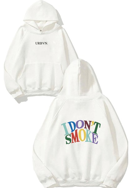 Smoke Tasarım Baskılı Oversize Beyaz Kapüşonlu Sweatshirt
