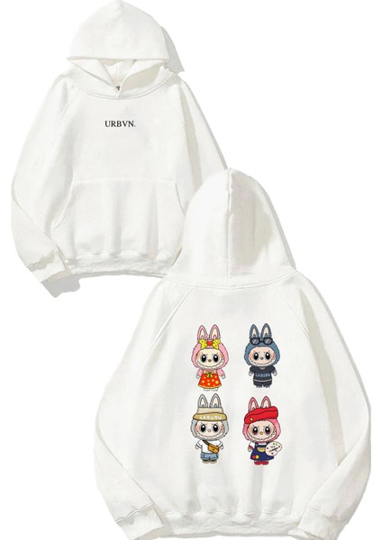 Labubu Tasarım Baskılı Oversize Beyaz Kapüşonlu Sweatshirt