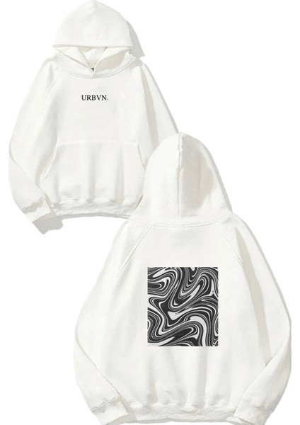 Black White Tasarım Baskılı Oversize Beyaz Kapüşonlu Sweatshirt