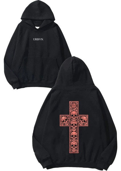 Cross Skull Tasarım Baskılı Oversize Siyah Kapüşonlu Sweatshirt