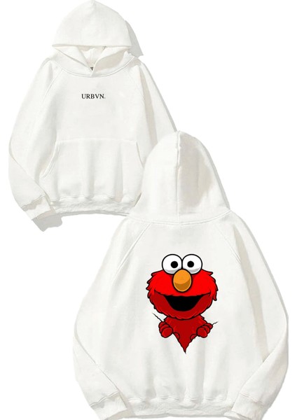Elmo Tasarım Baskılı Oversize Beyaz Kapüşonlu Sweatshirt