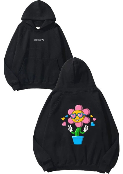 Peace Flower Tasarım Baskılı Oversize Siyah Kapüşonlu Sweatshirt