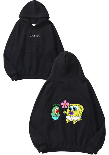 Plankton Süngerbob Tasarım Baskılı Oversize Siyah Kapüşonlu Sweatshirt