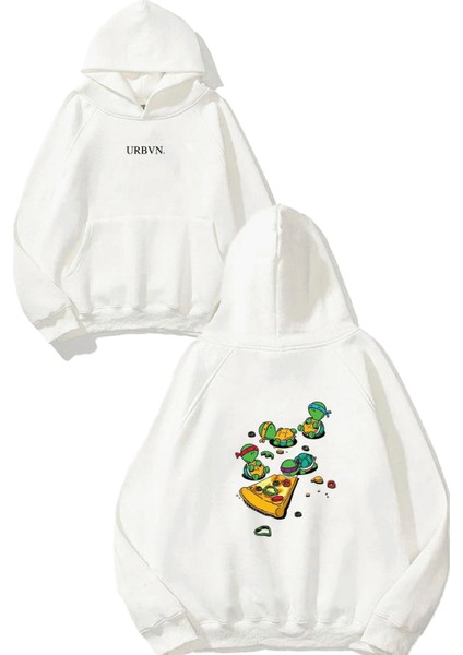 Turtles Tasarım Baskılı Oversize Beyaz Kapüşonlu Sweatshirt