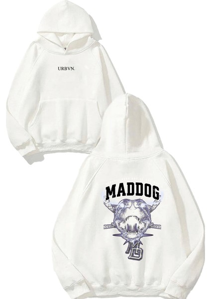 Maddog Tasarım Baskılı Oversize Beyaz Kapüşonlu Sweatshirt