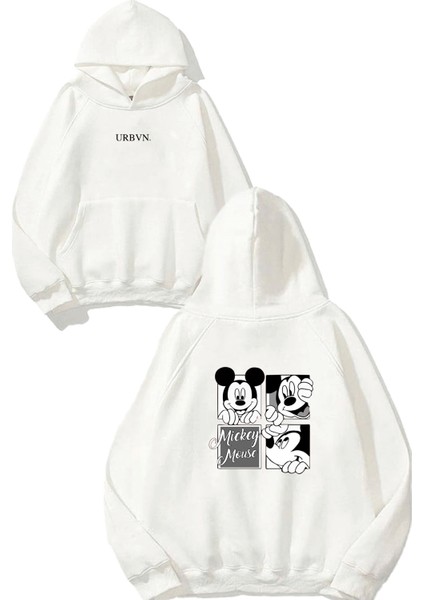 Mickey 1 Tasarım Baskılı Oversize Beyaz Kapüşonlu Sweatshirt
