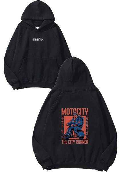 Motocity Tasarım Baskılı Oversize Siyah Kapüşonlu Sweatshirt
