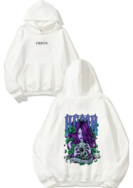 Skull Girl Tasarım Baskılı Oversize Beyaz Kapüşonlu Sweatshirt