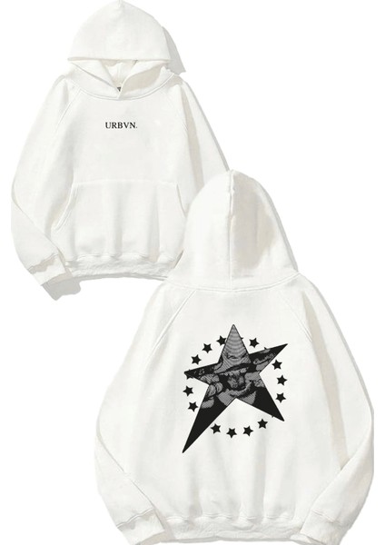 Star Face Tasarım Baskılı Oversize Beyaz Kapüşonlu Sweatshirt