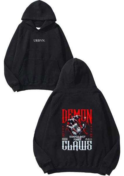Demon Claws Tasarım Baskılı Oversize Siyah Kapüşonlu Sweatshirt
