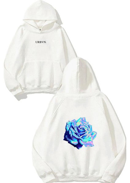 Blue Rose Tasarım Baskılı Oversize Beyaz Kapüşonlu Sweatshirt