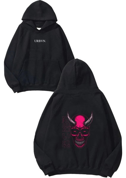 Japanese Skull Tasarım Baskılı Oversize Siyah Kapüşonlu Sweatshirt