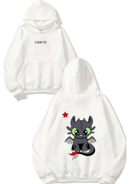 Dişsiz Tasarım Baskılı Oversize Beyaz Kapüşonlu Sweatshirt