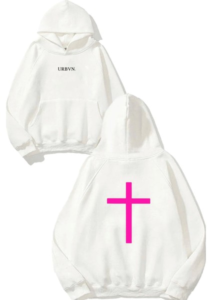 Cross Tasarım Baskılı Oversize Beyaz Kapüşonlu Sweatshirt