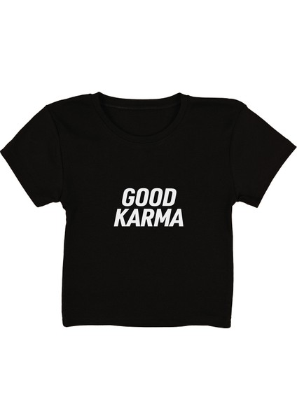 Good Karma Baskılı Siyah Crop Top
