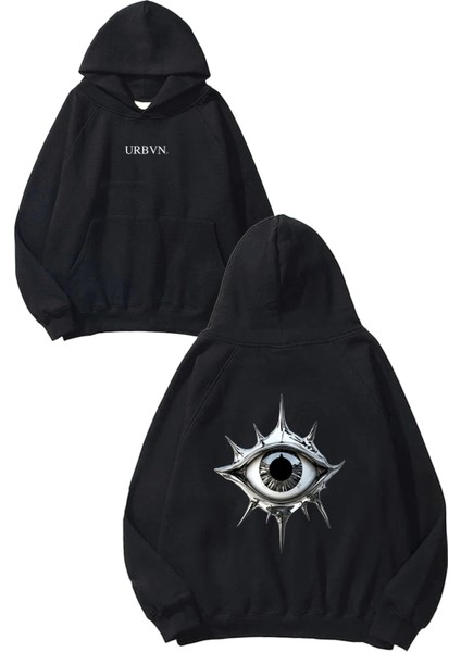 Metallic Eye Tasarım Baskılı Oversize Siyah Kapüşonlu Sweatshirt