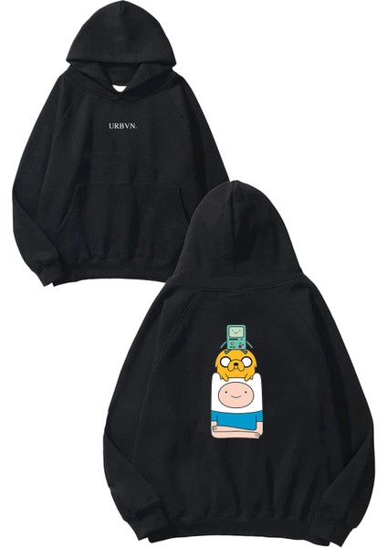 Adventure Time Tasarım Baskılı Oversize Siyah Kapüşonlu Sweatshirt