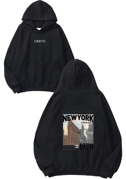 Paradise New York Tasarım Baskılı Oversize Siyah Kapüşonlu Sweatshirt