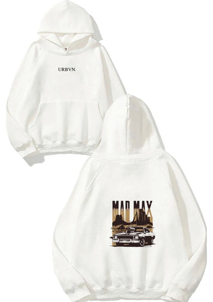 Mad Max Tasarım Baskılı Oversize Beyaz Kapüşonlu Sweatshirt