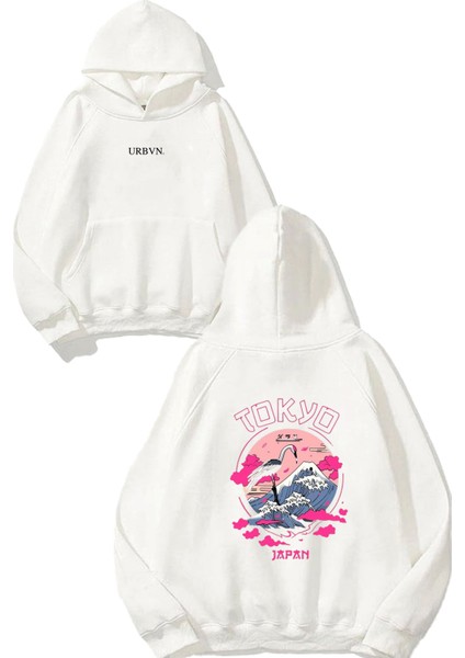 Japan 1 Tasarım Baskılı Oversize Beyaz Kapüşonlu Sweatshirt