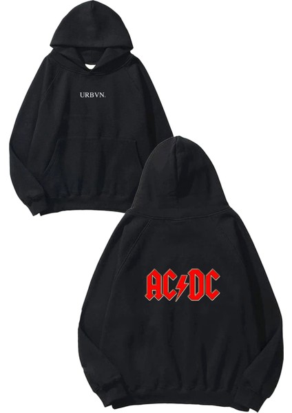 Acdc Kırmızı Tasarım Baskılı Oversize Siyah Kapüşonlu Sweatshirt