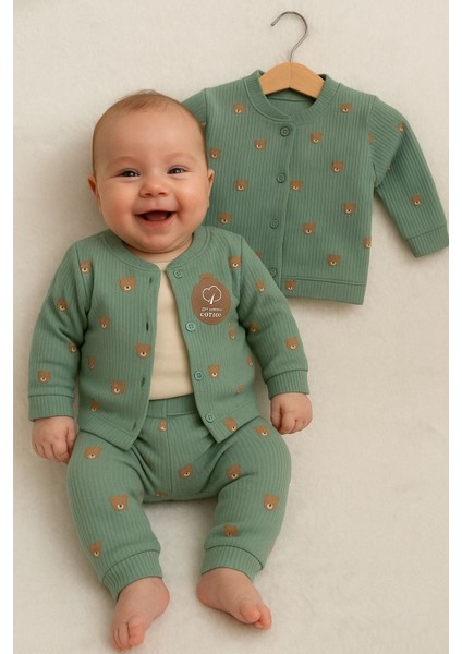Tuembaby %100 Pamuk Ayıcık Desenli Hırka+ Uzun Kollu Body+Lastikli Tayt Unisex Bebek Takımı