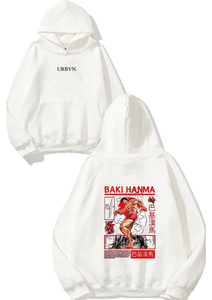 Baki Hanma Tasarım Baskılı Oversize Beyaz Kapüşonlu Sweatshirt