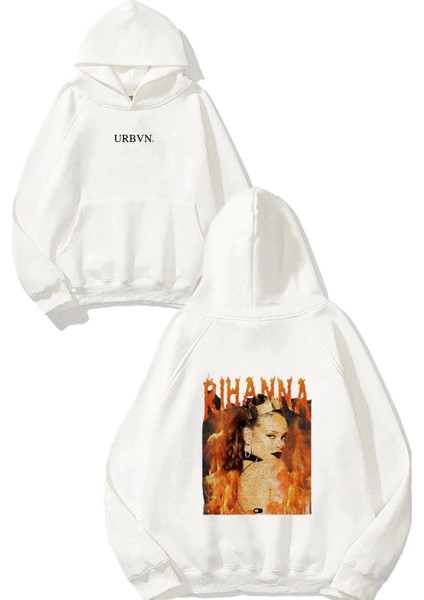 Rihanna Tasarım Baskılı Oversize Beyaz Kapüşonlu Sweatshirt