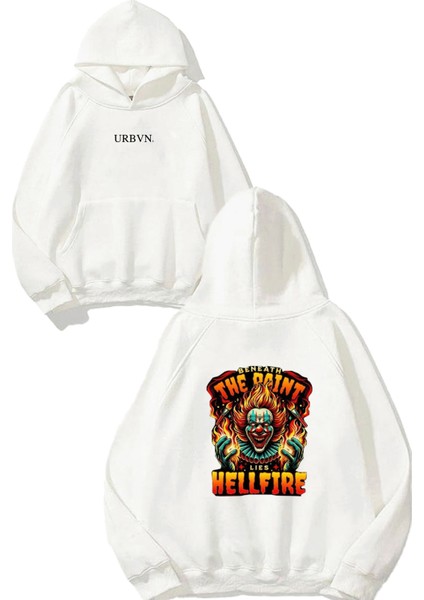 Hellfire Tasarım Baskılı Oversize Beyaz Kapüşonlu Sweatshirt