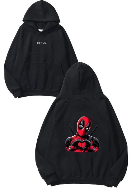 Deadpool Love Tasarım Baskılı Oversize Siyah Kapüşonlu Sweatshirt