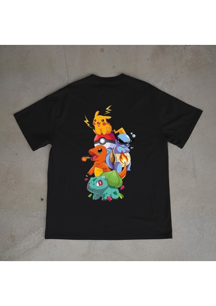 Pokemon Tasarım Baskılı Siyah Oversize T-Shirt