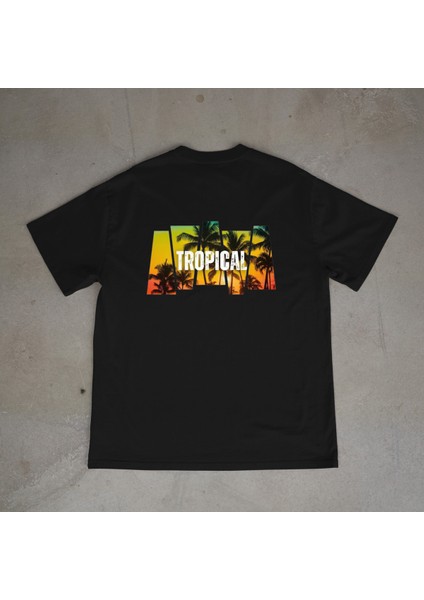Tropical Tasarım Baskılı Siyah Oversize T-Shirt