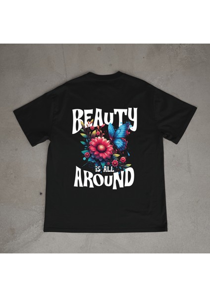 Around Tasarım Baskılı Siyah Oversize T-Shirt