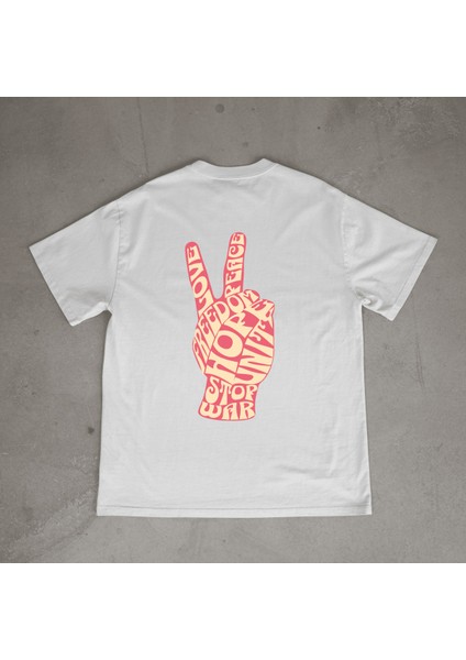 Peace Tasarım Baskılı Beyaz Oversize T-Shirt