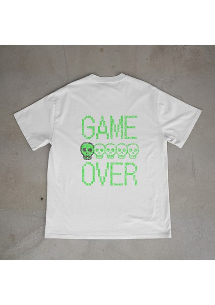 Gameover Tasarım Baskılı Beyaz Oversize T-Shirt