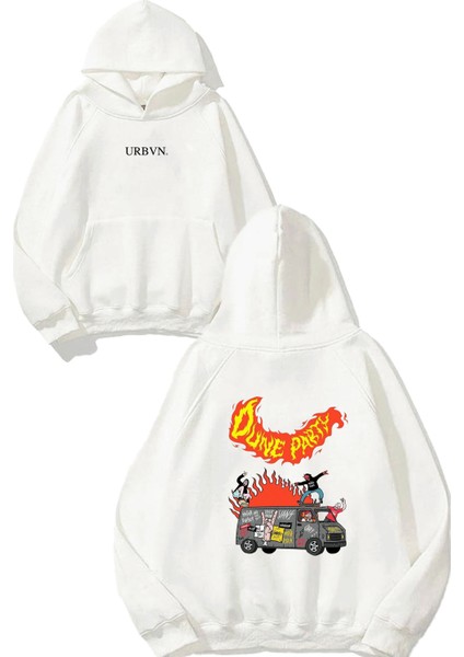Dune Party Tasarım Baskılı Oversize Beyaz Kapüşonlu Sweatshirt