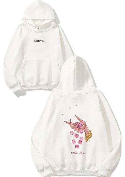 Bella Tasarım Baskılı Oversize Beyaz Kapüşonlu Sweatshirt