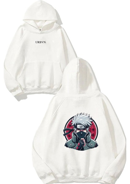 Anime Karakteri Tasarım Baskılı Oversize Beyaz Kapüşonlu Sweatshirt