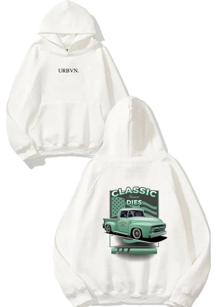 Classic Car Tasarım Baskılı Oversize Beyaz Kapüşonlu Sweatshirt