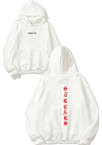 Streaks Tasarım Baskılı Oversize Beyaz Kapüşonlu Sweatshirt
