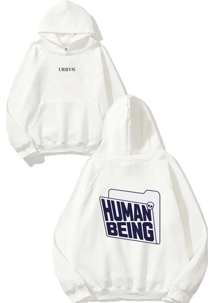 Human Being Tasarım Baskılı Oversize Beyaz Kapüşonlu Sweatshirt