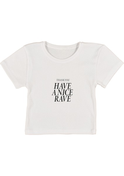 Rave Baskılı Beyaz Crop Top