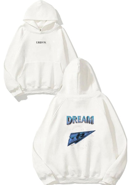 Dream 1 Tasarım Baskılı Oversize Beyaz Kapüşonlu Sweatshirt