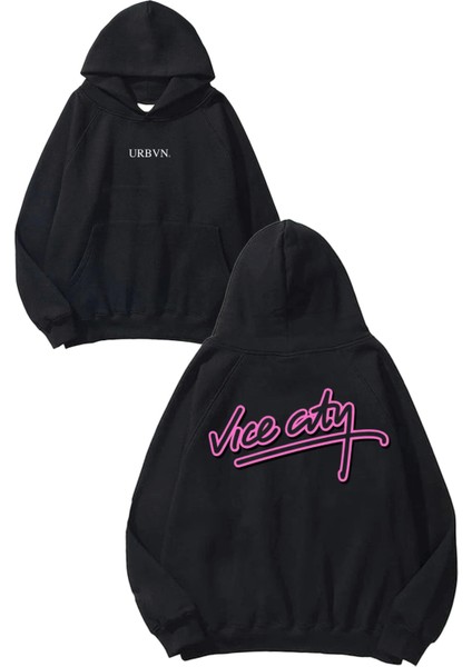 Vice City Tasarım Baskılı Oversize Siyah Kapüşonlu Sweatshirt