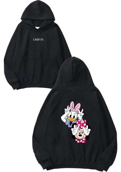 Daisy Minnie Tasarım Baskılı Oversize Siyah Kapüşonlu Sweatshirt