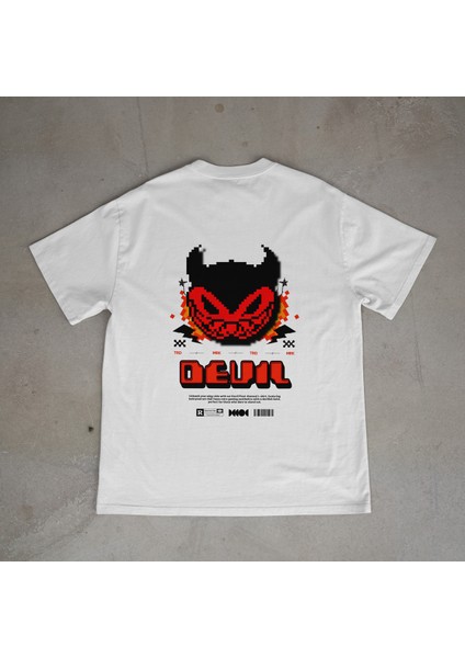 Devil Tasarım Baskılı Beyaz Oversize T-Shirt