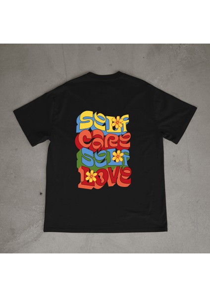 Self Tasarım Baskılı Siyah Oversize T-Shirt
