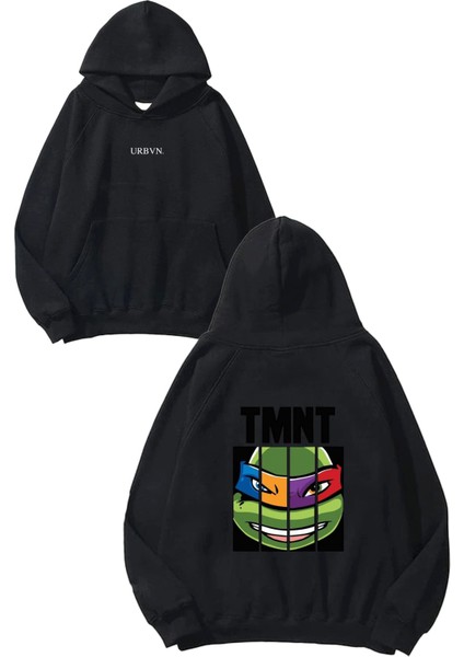 Tmnt Tasarım Baskılı Oversize Siyah Kapüşonlu Sweatshirt