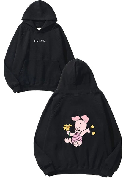 Piglet With Daisy Tasarım Baskılı Oversize Siyah Kapüşonlu Sweatshirt