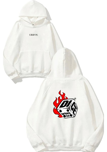 Dice Tasarım Baskılı Oversize Beyaz Kapüşonlu Sweatshirt